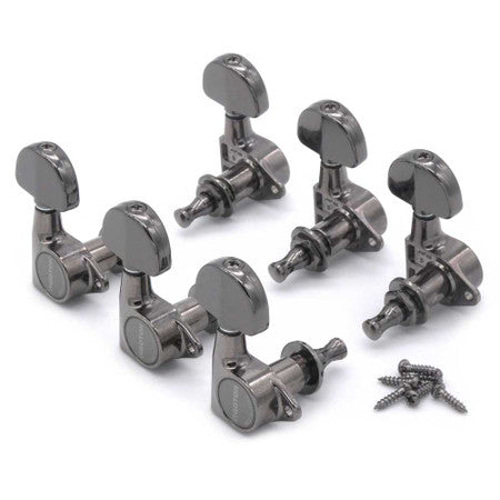 Set of six metal guitar tuning machines with mounting screws on a white background.