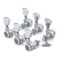 Set of six chrome locking guitar tuners with four mounting screws on a white background.