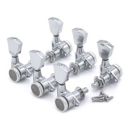 Set of six chrome locking guitar tuners with four mounting screws on a white background.