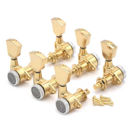 Set of six gold guitar locking tuners with three gold screws on a white background.