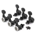 Set of six black locking guitar tuning pegs and accompanying screws arranged on a white background.