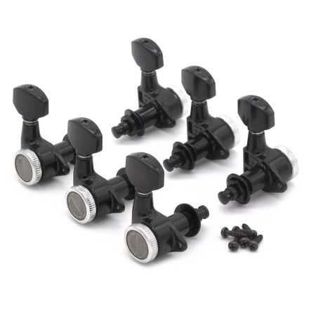 Set of six black locking guitar tuning pegs and accompanying screws arranged on a white background.