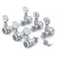 Set of six chrome locking guitar tuners with tuning pegs and a small pile of screws.
