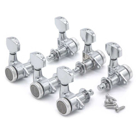 Set of six chrome locking guitar tuners with tuning pegs and a small pile of screws.