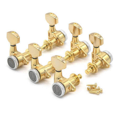 Set of six gold guitar locking tuners with mounting screws arranged on a white background.