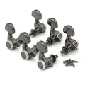 Set of six cosmo black guitar locking tuning machines with five mounting screws on white background.