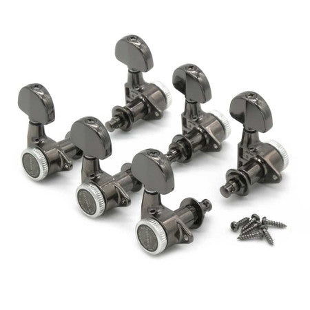 Set of six cosmo black guitar locking tuning machines with five mounting screws on white background.