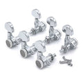 Set of six silver locking guitar tuning pegs with four screws on a white background