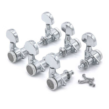 Set of six silver locking guitar tuning pegs with four screws on a white background