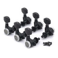 Set of six black guitar tuning machine heads with silver knobs and mounting screws.