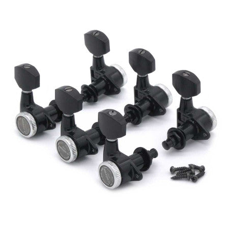 Set of six black guitar tuning machine heads with silver knobs and mounting screws.