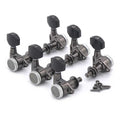 Set of six cosmo black locking guitar tuning pegs with mounting posts and screws on a white background.