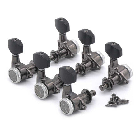 Set of six cosmo black locking guitar tuning pegs with mounting posts and screws on a white background.