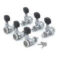 Set of six silver guitar tuning pegs with black knobs and four mounting screws on a white background.