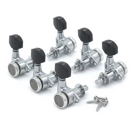 Set of six silver guitar tuning pegs with black knobs and four mounting screws on a white background.