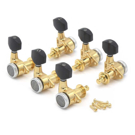 Set of six gold guitar tuning pegs with black knobs and six gold screws on white background.