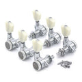 Six chrome guitar tuning machines with white tuning knobs and six screws on a white background.