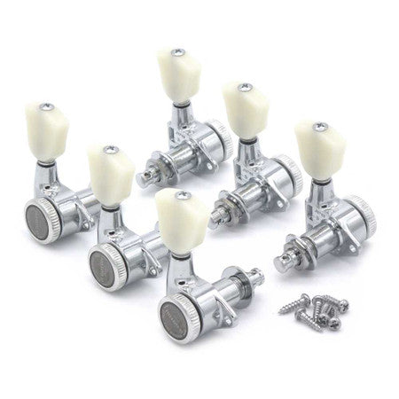 Six chrome guitar tuning machines with white tuning knobs and six screws on a white background.