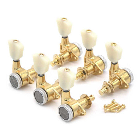 Set of six gold guitar tuning pegs with white knobs and included gold screws.