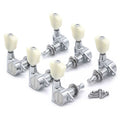 Six chrome guitar tuning pegs with off-white buttons and six mounting screws arranged on a white background.