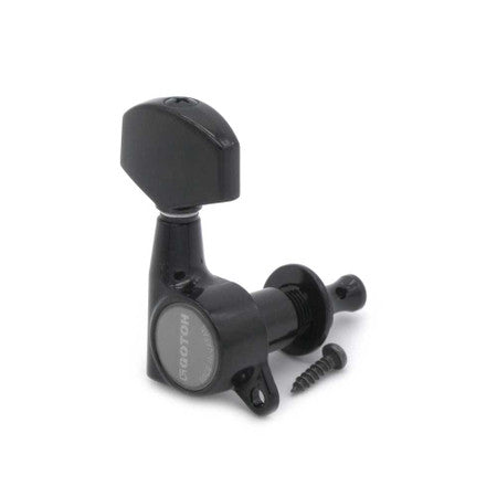Black Gotoh machine tuner with a rotary knob and mounting screw on a white background.