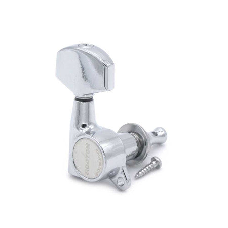 Single chrome metal guitar tuning peg with mounting screw included.