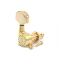 Gold metal guitar tuning machine with tuning peg and a mounting screw on a white background.