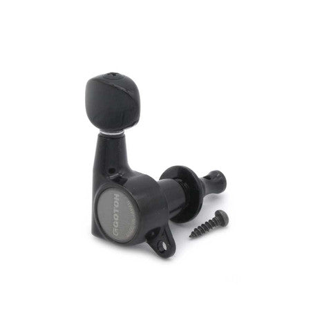 Black Gotoh machine tuner with mounting screw and visible brand name on side.