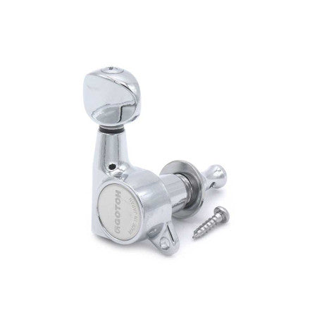 Single chrome metal guitar tuner machine head with black washer and mounting screw.