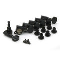 Set of six black guitar tuning pegs with mounting posts and screws laid out on a white background.