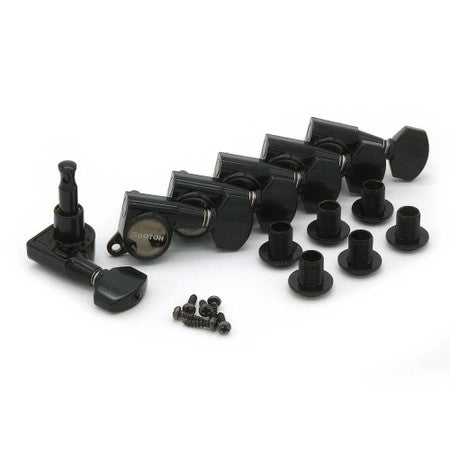 Set of six black guitar tuning pegs with mounting posts and screws laid out on a white background.