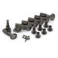 Set of six black guitar tuning pegs with bushings and screws on a white background.