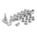 Set of six chrome guitar tuning pegs with bushings and screws arranged on white background.