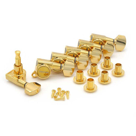 Set of six gold-colored inline guitar tuning pegs with bushings and mounting screws.