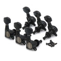 Six black guitar tuning machine heads with screws arranged on a white background.