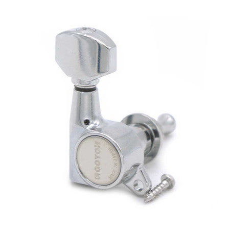 Single chrome metal guitar tuning peg with mounting screw on white background.