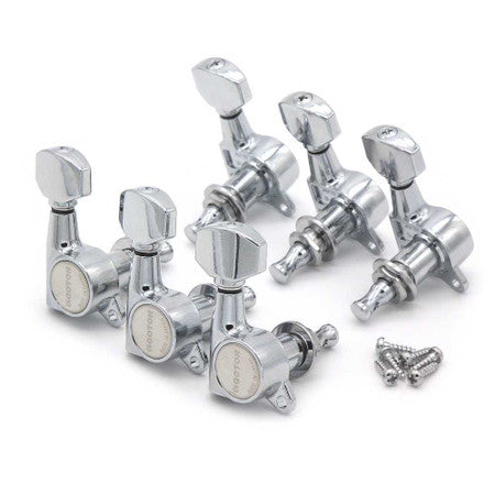 Set of six chrome guitar tuning machine heads with mounting screws