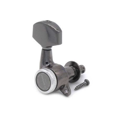 Single black locking guitar tuner with silver accents and included mounting screw on white background.