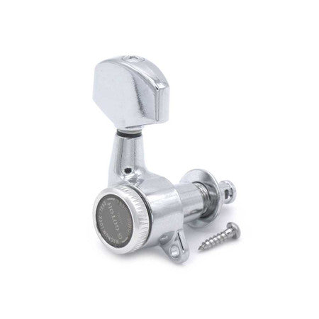 Chrome-colored individual locking tuner with mounting screw for stringed instrument.