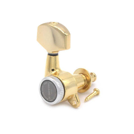 One gold guitar tuning machine with a mounting screw on a white background.