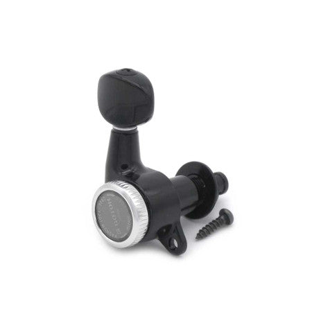 Black individual locking guitar tuner with a mounting screw included beside it.
