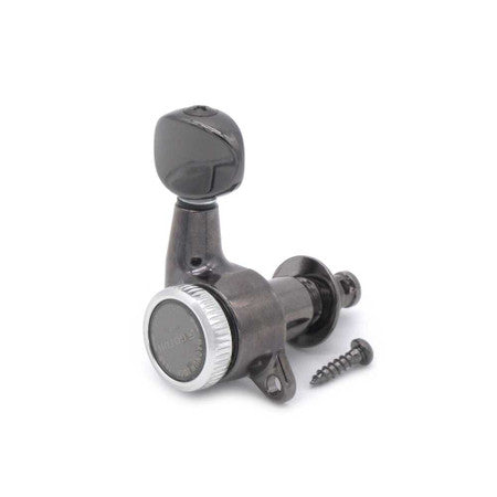 Individual black metal guitar tuning peg with a mounting screw displayed on a white background.