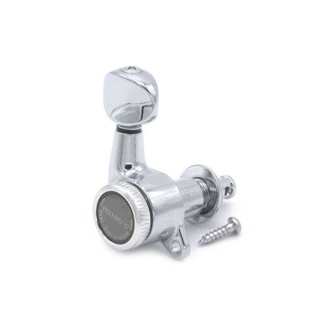 Single chrome metal guitar tuning peg with mounting screw on white background