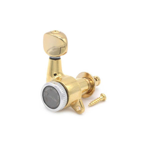 Single gold-colored locking tuner with two screws shown on a white background.