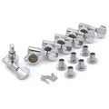 Set of six chrome guitar locking tuners with threaded bushings and screws on a white background.