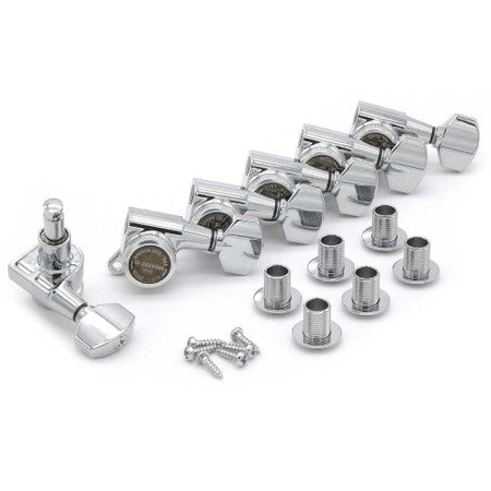 Set of six chrome guitar locking tuners with threaded bushings and screws on a white background.