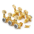 Set of six gold guitar tuning machines with tuning knobs and mounting screws.
