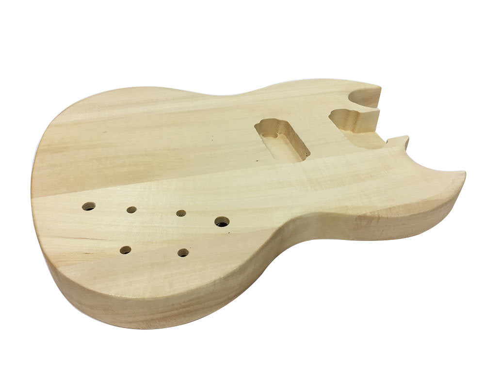 Natural unfinished wooden guitar body with pre-drilled holes and pickup cavity.