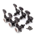 Set of six black locking tuning pegs with mounting screws for guitar tuning mechanism.