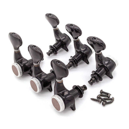 Set of six black locking tuning pegs with mounting screws for guitar tuning mechanism.